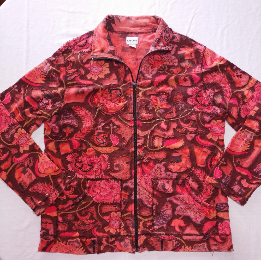Chico's Floral Full Zip Jacket Beaded Accents